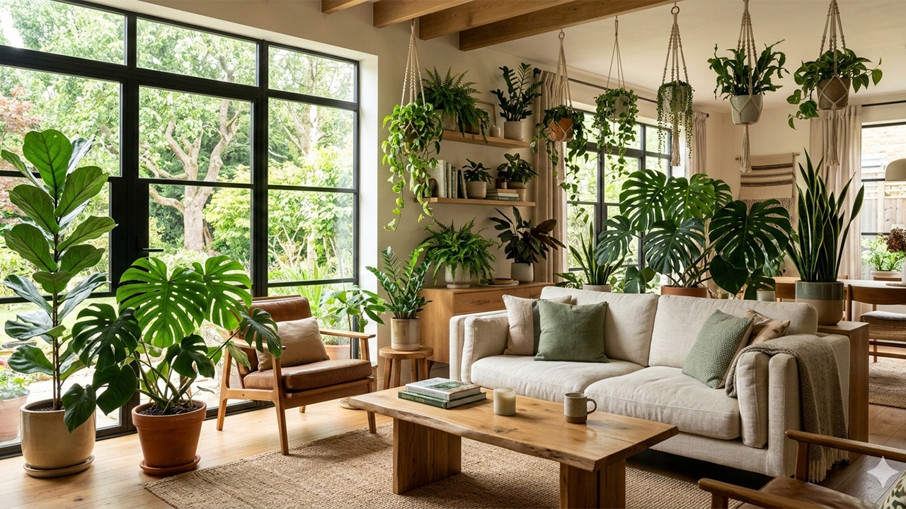 Indoor plants used in biophilic design with monstera, fiddle leaf fig, and hanging greenery